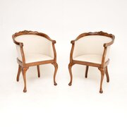 Pair Of Antique Queen Anne Style Walnut Tub Chairs