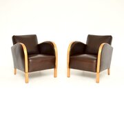 Pair Of Art Deco Leather Armchairs In Satin Birch