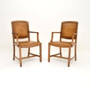 Pair Of Art Deco Walnut & Leather Carver Armchairs
