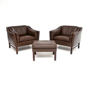 Pair Of Danish Vintage Leather Armchairs And Stool