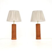 Pair Of Vintage Solid Teak And Brass Table Lamps