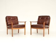 Pair Of Vintage Walnut And Leather Armchairs