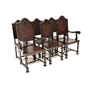 Set Of 6 Antique Leather And Walnut Dining Chairs