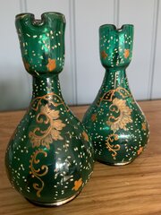 Antique Handblown And Enamelled Green Glass Jugs