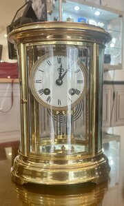 French Brass Oval Four Glass Cased Mantel Clock 