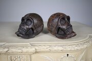 Pair Of Antique Treen Momento Mori Carved Skulls 