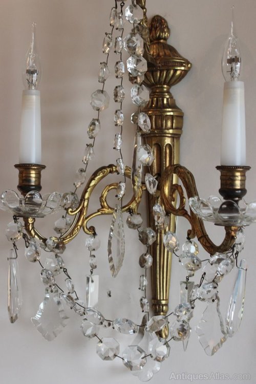 Antiques Atlas - 2 Pairs Of Antique Brass And Crystal Wall Sconces