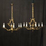 French Pair Gilded Brass 6 Light Chandeliers