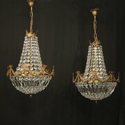French Pair Of Gilded Triple Light Chandeliers