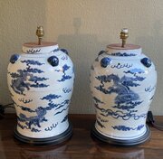  Large Pair Of Chinese Blue & White Table Lamps