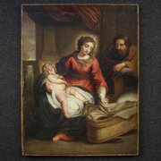 Antique Flemish Painting Holy Family 18th Cent