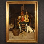 Antique Italian Genre Scene Painting 19th Century