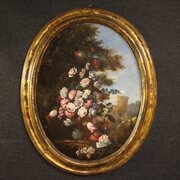 Antique Italian Oval Still Life Painting 
