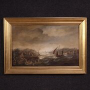 Flemish Painting Seascape With Boats And Character