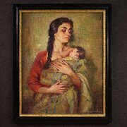 Spanish Painting Signed Maternity 20th Century