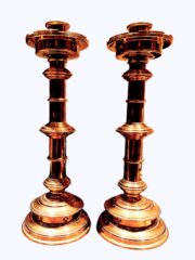 Pair Antique Castellated Top Gothic Candlesticks