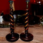 Pair Antique Very Tall Oak Open Twist Candlesticks