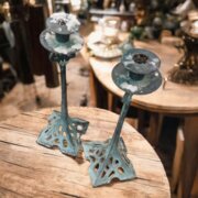 Pair Art Nouveau Verdigris Brass Candlesticks