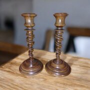 Pair Of Olive Wood Spiral Twist Candlesticks