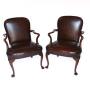 Pair Georgian Revival Walnut & Leather open elbow chairs 