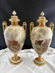 Royal Worcester Pair Of Vases Signed John Stinton.