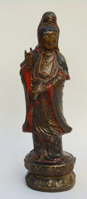 Antique Hand Painted Bronze Of Guanyin