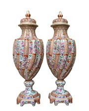 Antique Pair Edme Samson Lidded Vases Famille Rose