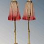 Pair Antique Brass Table Lamps Ruby Etched Glass S