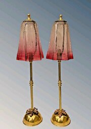 Pair Antique Brass Table Lamps Ruby Etched Glass S