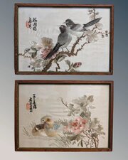 Pair Antique Chinese Embroideries Garden B