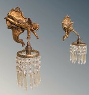 Pretty Pair Gilt Cherub Wall Lights Crystal Drops