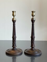 Georgian Antique Brass & Mahogany Candlesticks