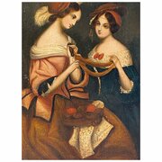 Oil Painting Ladies On Zinc Panel 19th C Victorian