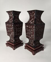A Pair Of Chinese Cinnabar Lacquer Vases On Stands