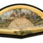 carved mother of pearl fan in display case, C1790