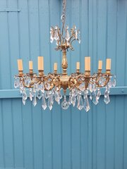Large French Gilt Brass Crystal Chandelier 27"