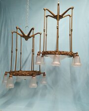  Pair Of Large Brass Hall Lights With Glass Shades