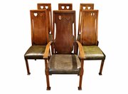 Six Arts & Crafts Oak & Leather Dining Chairs