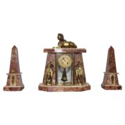 Art Deco Egyptian Revival Clock Set With Obelisks