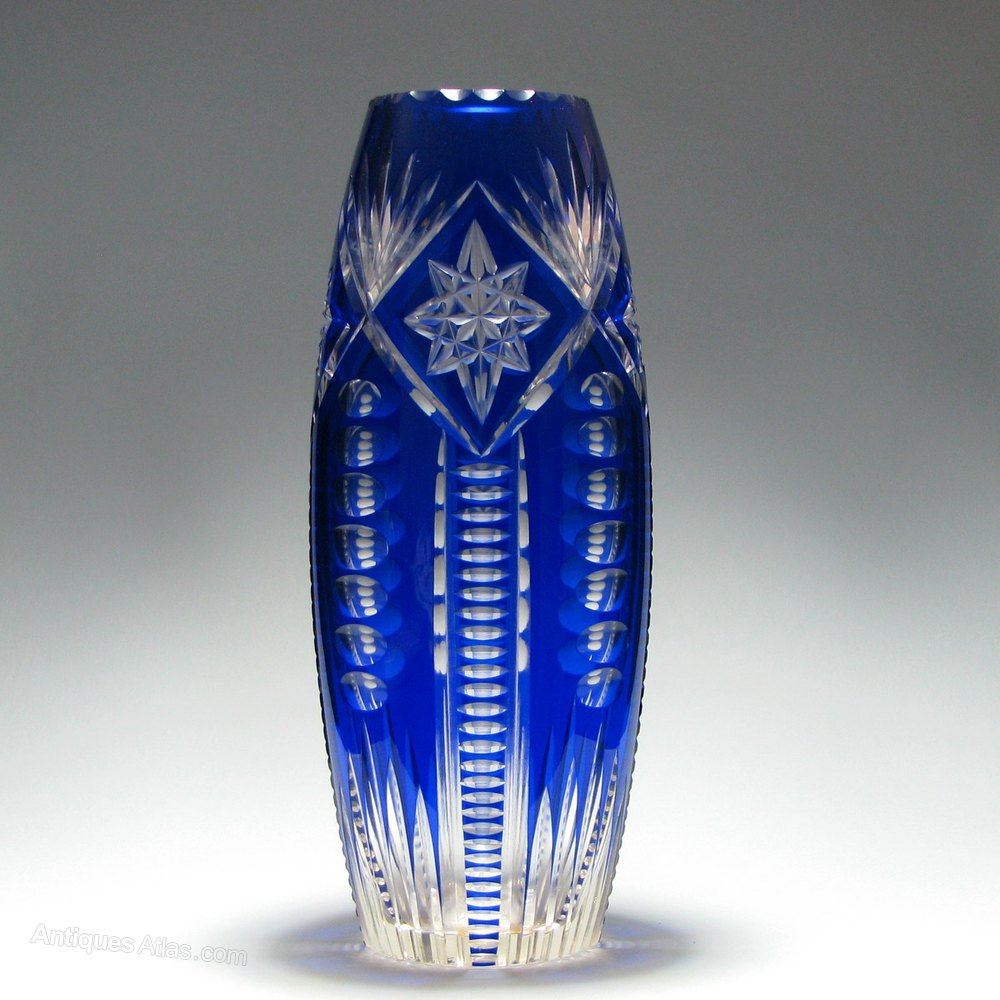 Antiques Atlas Tall French Blue Cased & Cut Glass Vase C1920