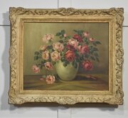 Still Life Oil On Canvas Roses In Vase