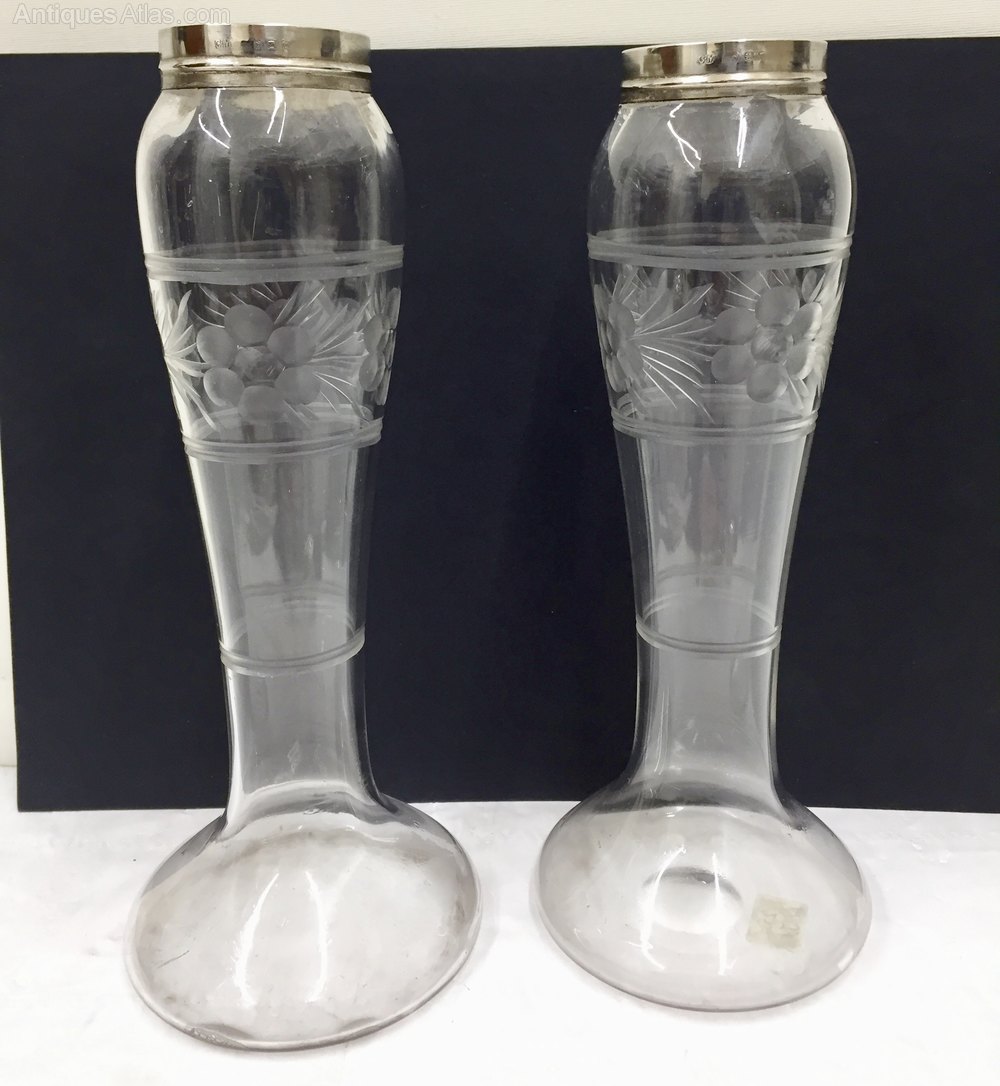 Antiques Atlas Pair Of Etched Glass Vases With Solid Silver Rims