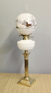 Antique Oil Lamp With Snow Winter Scene Shade