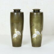 Pair Of Japanese Bronze Vases Inlaid With Silver