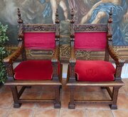 2 Throne Chairs Country Oak Carved Primitive Faces