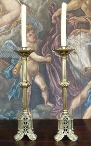 Church Candlesticks Height 2 Foot Brass 1880