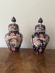Large Pair Of Antique Japanese Imari Lidded Vases 