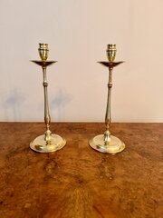 Quality Pair Of Slender Antique Brass Candlesticks