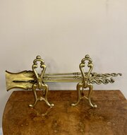 Antique Edwardian Brass Fire Irons And Fire Dogs 