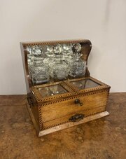 Antique Victorian Oak Marquetry Strung Tantalus 